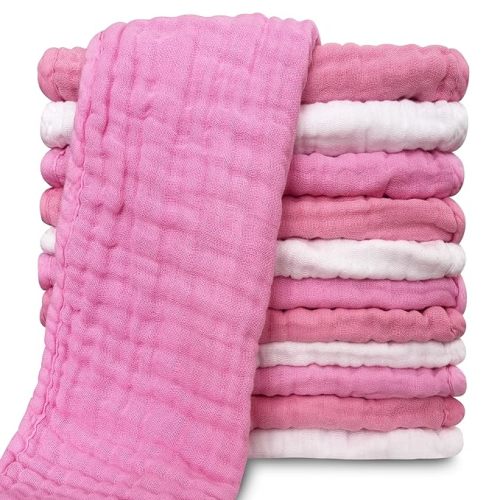 Muslin Burp Cloths for Baby 100% Cotton Burping Cloths for Unisex, Boy, Girl - Large 20'' by 10'' Newborn Essentials Ultra Soft Absorbent Milk Spit Up Rags - 12 Pack - White+Deep Sakura Series