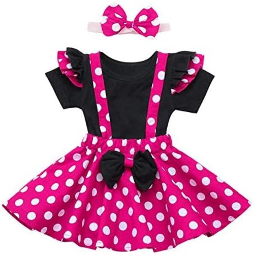 IBTOM CASTLE Polka Dots Outfit for Baby Girl Princess 1st Birthday Party Top Suspender Skirt,Bow Headband