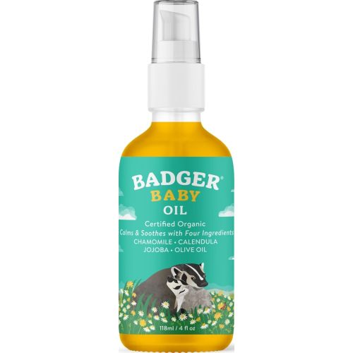Badger Baby Oil, 100% Organic Ingredients to Soften & Moisturize Dry Skin or Cradle Cap, Soothing Vegan Organic Baby Oil, 4 fl oz Glass Bottle