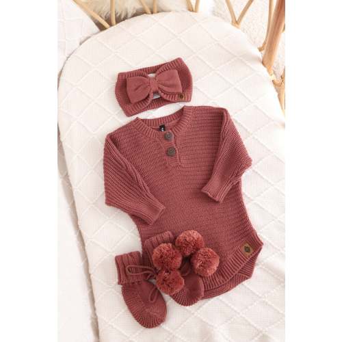 Chunky Knit Romper Set with Bow & Booties in Ember