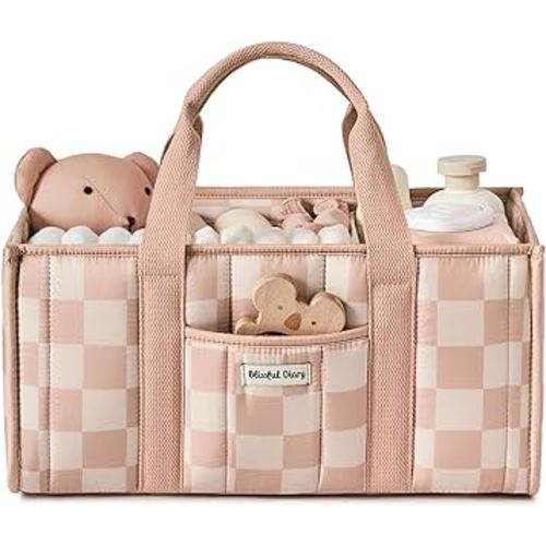 Blissful Diary Checkered Diaper Caddy Organizer, Stylish Nursery Storage Basket, Gift for Baby Shower, Newborn Essentials, Registry Search Must Haves, Pink