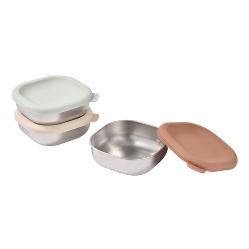 BEABA Microwave Safe Stainless Steel Baby Bowls with Lid, Set of 3, Natural