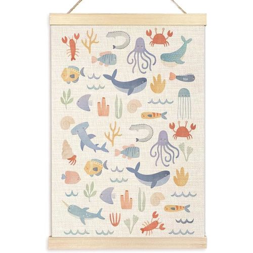 Ecezatik Ocean Nursery Decor, Danish Pastel Animals Poster Hanger Frame, Coastal Sea Wall Art for Classroom Kids Room Playroom, Under the Sea Decor, 12x16 Inches