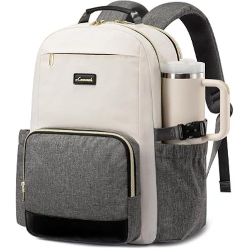 LOVEVOOK Laptop Backpack for Women with Pouch Pocket for Large Capacity Cup,15.6 Inch Laptop Computer Bag Travel Backpack Purse,Waterproof Work Business Backpack College Teacher Bags,Beige-Gray-Black