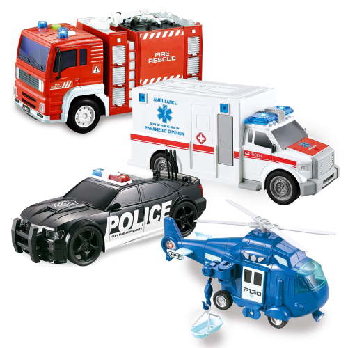 Joyfy 4 Packs Emergency Vehicle Playset, Friction Powered Truck Toy Include Ambulance, Fire Truck, Police Car and Helicopter, Birthday Gifts for Kids Toddler 2 3 4 5 6 Years Old
