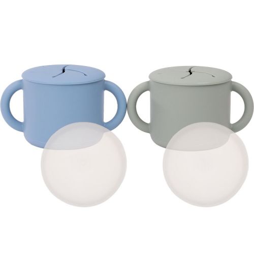 WeeSprout Snack Containers, Food Grade Silicone Cups, Spill-Proof Tops for Toddlers & Babies - Set of 2 (Matte Blue, Matte Green)