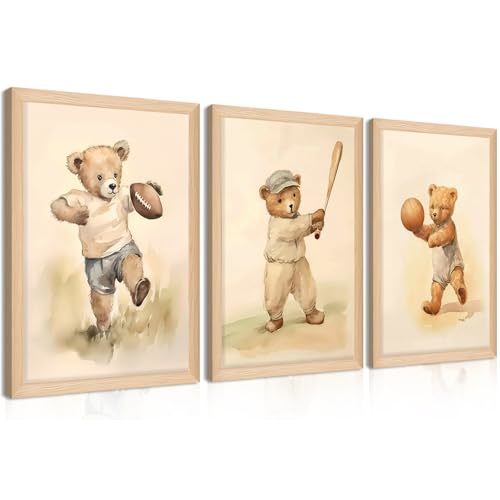 Framed Bear Wall Art Nursery Decor Set of 3, Cute Vintage Baby Bear Sports Pictures Wall Decor, Nursery Animal Poster Prints, Wild Animals Canvas for Children Bedroom Boy Room Decoration – 12x16 inch