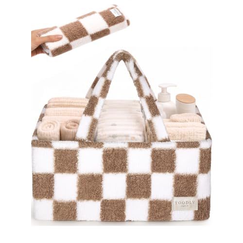 Baby Diaper Caddy Organizer with Waterproof Changing Pad, Checkered Taupe | Sherpa teddy fleece nursery storage basket, removable velcro dividers, wipeable interior, newborn shower gift, car and travel