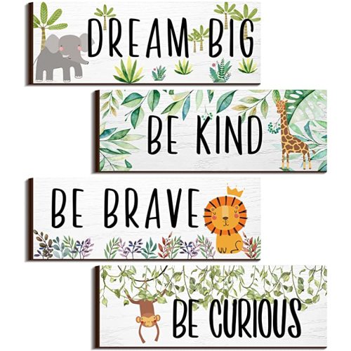 4 Pieces Woodland Nursery Decor Safari wall art Be kind brave curious Cute Jungle Animal Nursery Decor for Bedroom living room home 11x 3.9 Inches(Lively Animals,White Background)