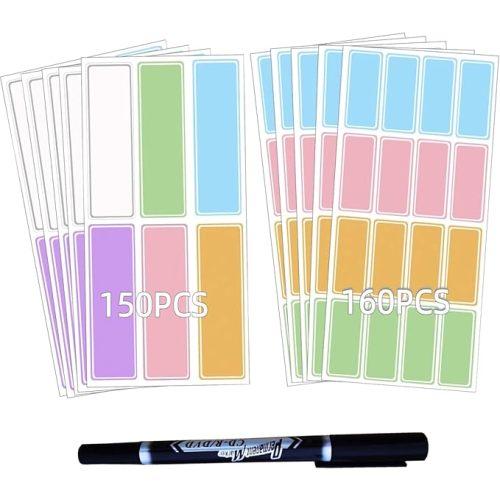 Assorted Colors Waterproof Removable Labels - 310PCS with Pen Adhesive Name Label Stickers for Water Bottles,Baby Daycare,Kids School Supplies,Home Office Organization