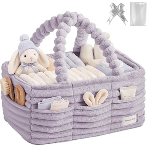 Blissful Diary Flannel Diaper Caddy Organizer with Gift Packaging, Portable Nursery Storage Basket, Gift for Baby Shower, Newborn Boys & Girls Essentials, Registry Search Must Haves, Light Purple