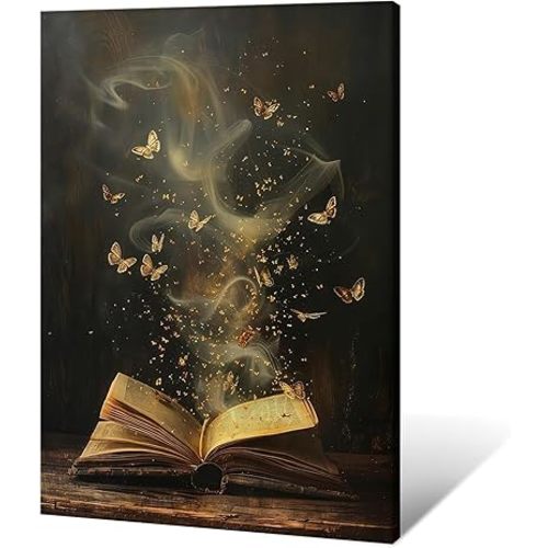 Whimsical Enchanted Open Book Wall Art Vintage Golden Butterflies Aesthetic Poster Print Funny Mystical Smoke Canvas Picture Decor for Office Bedroom Living Room Apartment 16x24inch Framed