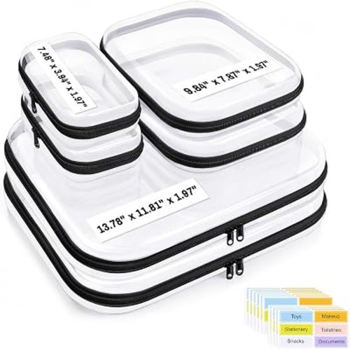 6 Pack Clear Hard Shell Zipper Case with Labels, 2S+2L+2XL