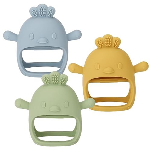 Socub 3 Pack Silicone Baby Teether Toys for Infants 3+ Months, BPA Free Anti-Drop Silicone Mitten Teething Toy for Soothing Sore Gums, Baby Chew Toys for Sucking Needs, Olive,Dusty Blue,Mango