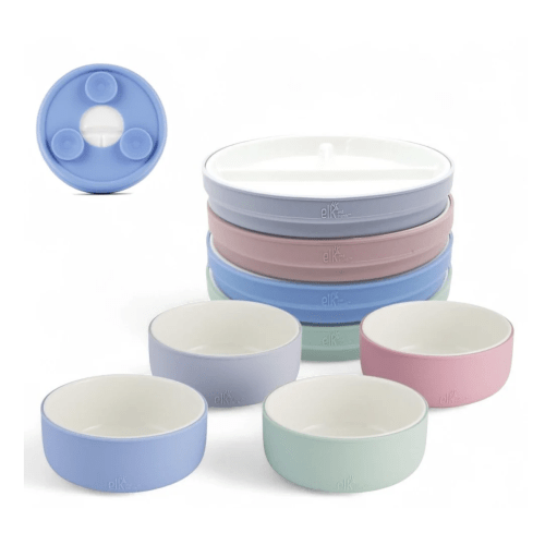 Kids Porcelain Mealtime Bundle | Suction Sleeves | 6.7" Plates + Bowls | 8 Pcs | Blush/Lilac/Sage/Misty Blue