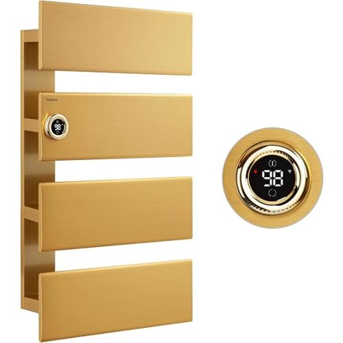 P&Dlusir Towel Warmer, Heated Towel Rack with Adjustable Temperature and Timer (1-24h, On), Fast Heating and Drying for Bathroom, Memory & Remote Control Compatible, Left-Wiring, 4-Panel, Gold