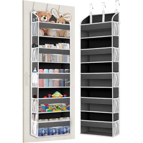 1 Pack Over The Door Organizer Storage, Hanging Organizer Closet with 5 Large Pockets 10 Mesh Pockets, 44 lbs Weight Capacity, Behind Door Storage for Nursery Bedroom Bathroom (Dark Grey)