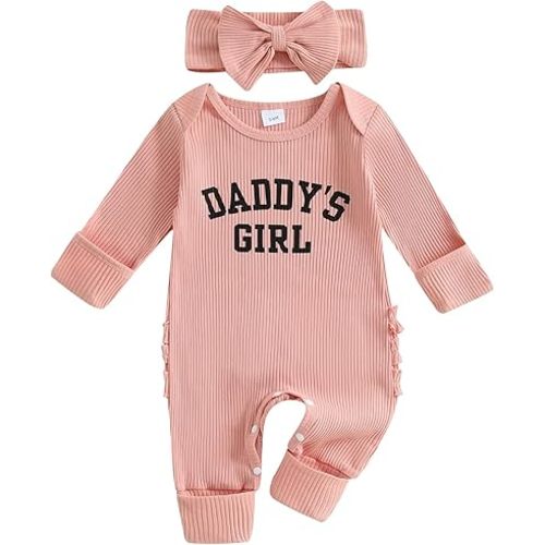 WZTYYDS Newborn Baby Girl Clothes Ribbed Romper Print Long Sleeve Jumpsuits Bow Headband Set Infant One-piece Outfits