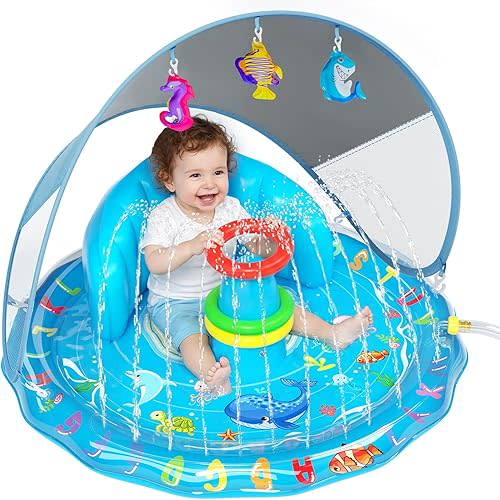 Baby Splash Pad, Inflatable Baby Pool Float with Canopy, Splash Pad with Stackable Rings & Hanging Toys for Toddlers, Baby Pool Sprinkler, Outdoor Water Play Toys for Boys Girls