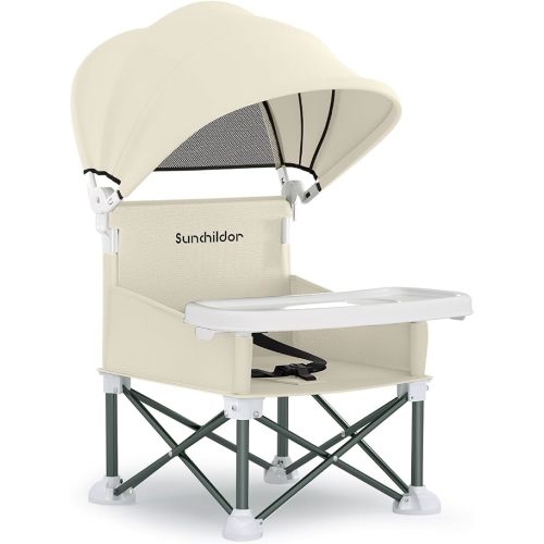 Portable Baby Booster Seat with Removable Tray & Canopy - 3 Point Safety Harness, Compact Fold for Travel, Indoor Outdoor Use for Infants & Toddlers, Beige