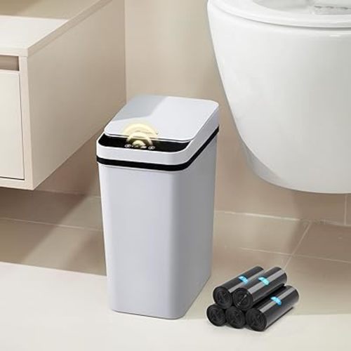 Bathroom Trash Can 2.6 Gallon Automatic Small Garbage Can with Lid, Slim Motion Sensor Plastic Narrow Trash Bin for Bedroom, Kitchen, Office (A-Basic Battery Supply-Grey, 1 Pack(2.6 Gallon))