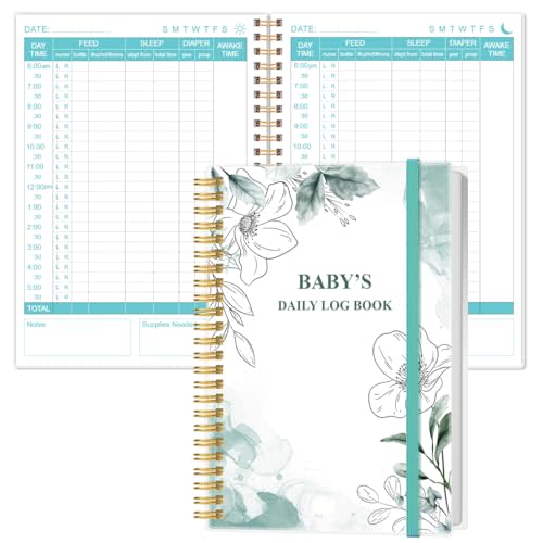 Heveboik Baby's Daily Log Book - A5 Baby's Tracking for Newborns, 150 Easy to Fill Pages to Track and Monitor Your Newborn Baby's Schedule, Teal Flowers