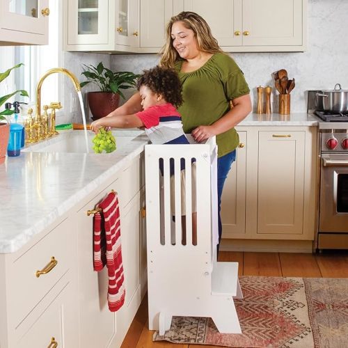 Guidecraft Jr. Contemporary Kitchen Helper Step-Up - White | Adjustable Wooden Step Stool for Toddlers, Kids Step Stool for Kitchen and Bathroom, Montessori Toddler Tower