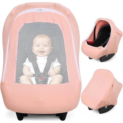 Metplus Car Seat Cover Baby Girl, Breathable Mesh Window Infant Carseat Canopy, Summer Stroller Sunshade Net for Airflow & Privacy, Stretchy Universal Fit (Pink)