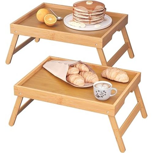 Fibogollo 2 Pack Bamboo Bed Tray Table with Folding Legs,Breakfast Trays,Serving Tray for Food and Snack,Laptop Trays for Working(Natural)