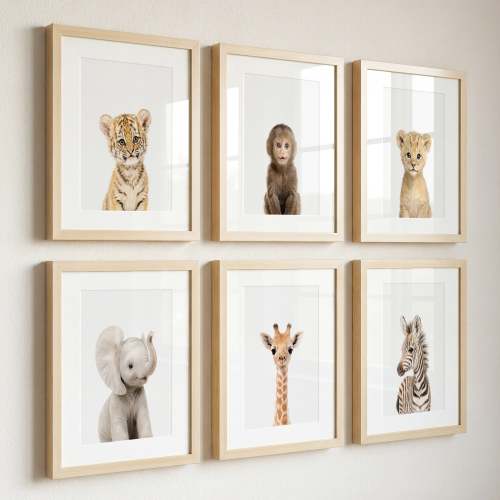 Baby Jungle & Safari Animals Set of 6 Nursery Decor Prints - Classic · 12x16 · Natural Frame with Mat - Baby Jungle & Safari Animals Set of 6 Nursery Art Prints – The Crown Prints
