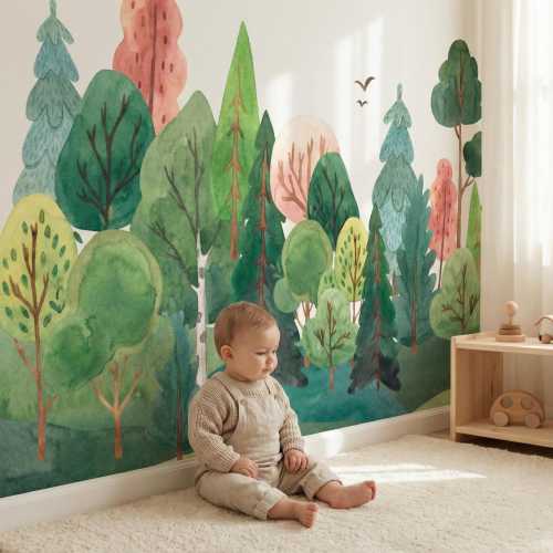 Watercolor Forest Nursery Wallpaper, Woodland Trees Mural, Baby & Kids Neutral Room Decor
