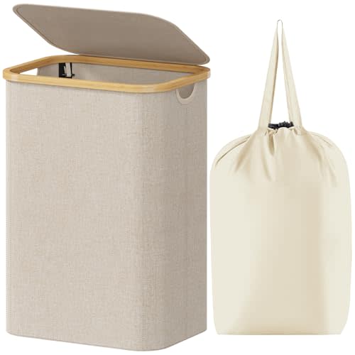 Lifewit 80L Laundry Basket with Lid, Clothes Hampers for Laundry with Bamboo Handles and 1 Removable Bag, Large Foldable Laundry Hamper for Bedroom, Bathroom, Dorm, Laundry Room, Beige