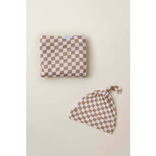 Almondine Chequer Swaddle + Hat Set