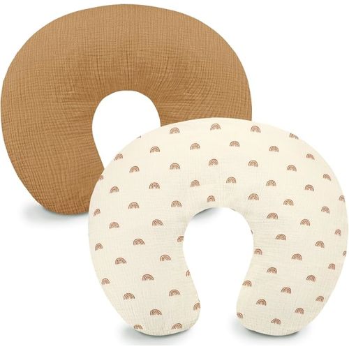 Hooyax Muslin Nursing Pillow Covers 2 Pack, Soft and Breathable Nursing Covers for Breastfeeding Pillows, Adorable Infant Feeding Pillow slipcover for Baby Boy and Girls (Brown Rainbow)