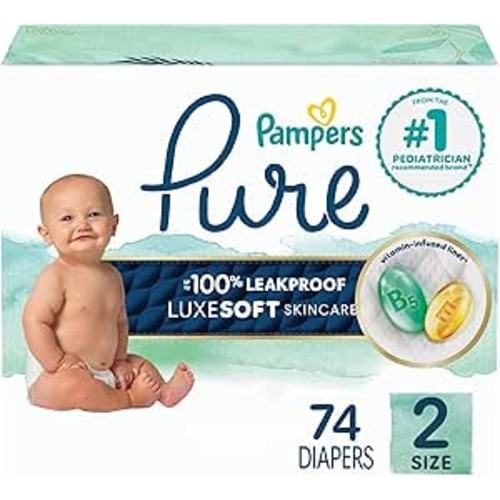 Pampers Baby Diapers - Pure Protection - Size 2, 74 Count, for up to 100% Leakproof, Premium Plant-based Skin Protection