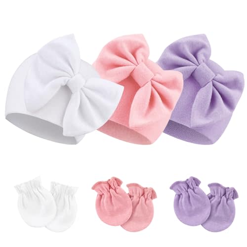 BQUBO Newborn Girls Hats Baby Hat and Mittens Set Infant Caps Bow Hospital Beanie with No Scratch Mittens for Baby Boys Girls