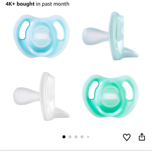 Tommee Tippee Ultra-Light Silicone Pacifier, 0-6 Months, Symmetrical One-Piece Design, BPA-Free Silicone Binkies, Blue/Green/Clear, Pack of 4