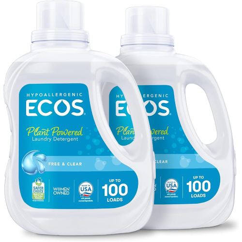 ECOS Laundry Detergent Liquid, 200 Loads - Dermatologist Tested Laundry Soap - Hypoallergenic, EPA Safer Choice Certified, Plant-Powered, Free & Clear, 100 Fl Oz (Pack of 2)