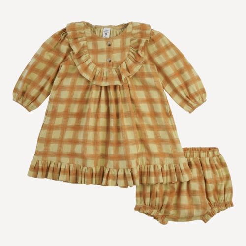 long sleeve ruffle button yoke dress + bloomer set | brown plaid | organic cotton gauze