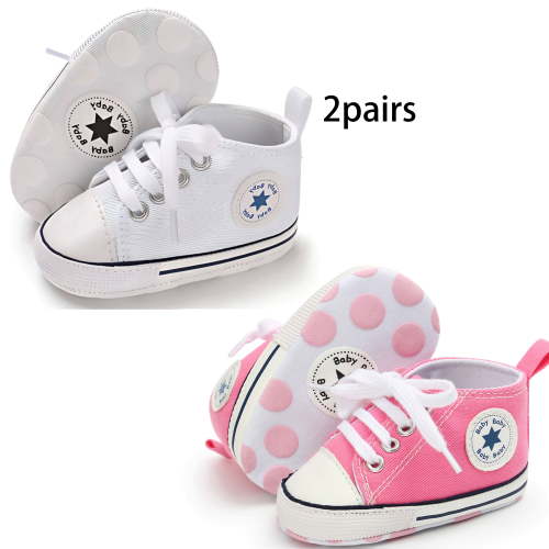 Bonario Baby Girls Boys 2 Pairs Shoes Infant Canvas High-Top Ankle Sneakers for First Walkers 0-18M