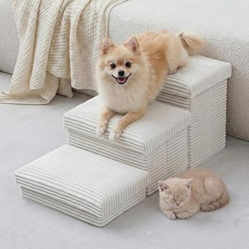 Small Dog Stairs for Low Beds & Couches -13" h Steps with Storage, Premium Custom Striped Rabbit Plush Pet Stairs, Ultra-Soft Foldable Non-Slip Dog Ramp for Cats Small Dogs Puppies Senior Pets