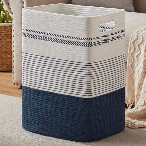 Laundry Basket, Dark Blue & White Large Woven Rope Tall Laundry Basket with Handles, Decorative Storage Basket for Clothes and Blankets in Living room, Bedroom