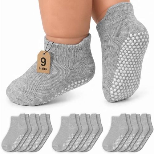 Infinno Baby Non Slip Ankle Socks 9 Pairs - Toddler Socks with Grips for Kids, Infants Boys and Girls 6-24 Months, 1T-7T