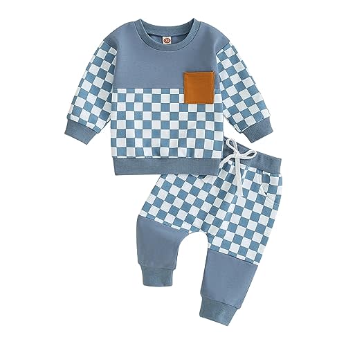Infant Toddler Baby Boy Fall Winter Outfits Long Sleeve Hoodie Shirts Plaid Patchwork Sweatshirt + Pants 2Pcs