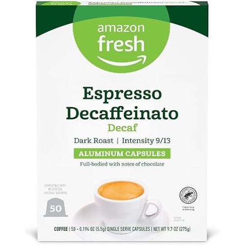 Amazon Fresh Espresso Decaffeinato Dark Roast Aluminum Capsules, Compatible with Nespresso Original Brewers, Intensity 9/13, 50 Count (5 Packs of 10)
