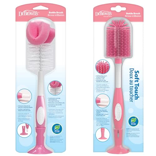 Dr. Brown's Reusable Sponge Baby Bottle Cleaning Brush + Soft Touch Bottle Brush, BPA-Free, Pink, 2-Pack