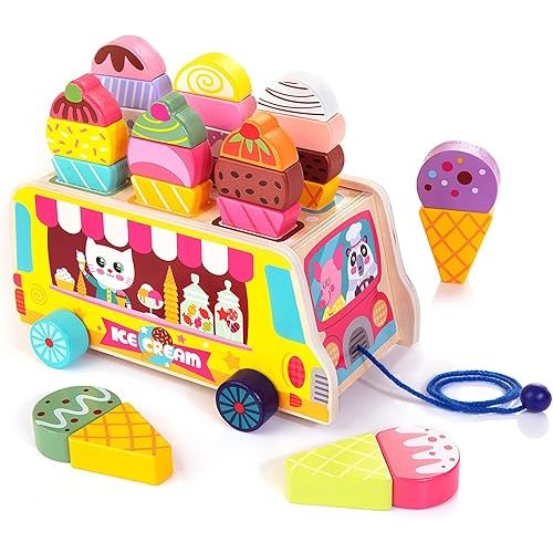 HELLOWOOD Wooden Ice Cream Truck, 28 pcs Magnetic Ice Cream Sweet Treats Pretend Play Food & Accessories, Montessori Sorting & Stacking Toys for Toddler Girls & Boys Age 2-5