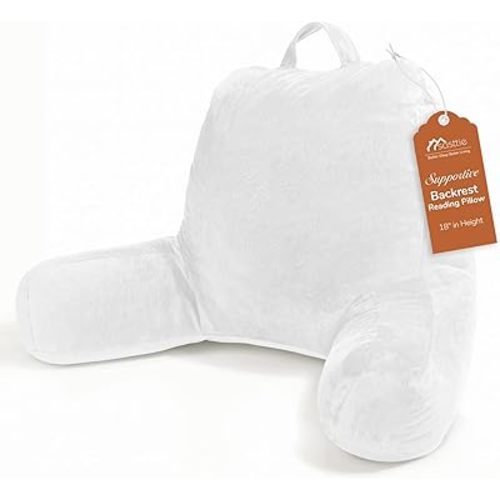 Sasttie Reading Pillow, Velvet Back Pillow for Bed Sitting Up, Adult Back-Rest Support Cushion with Arms for Sit Up on Couch, Sofa, and Floor, Dorm Essentials, Reading Accessories, White