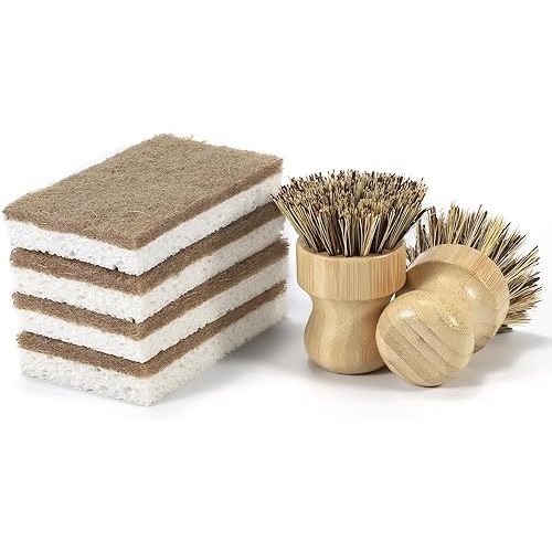 6 Pack Bamboo Dish Brush Set - 2pcs Palm Dish Scrubber and 4 Pieces Natural Kitchen Sponge for Dishes, Pots and Vegetables