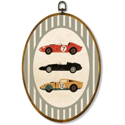 zewepri Vintage Race Car Oval Canvas Wall Art, Rustic Racing Vehicle Decor